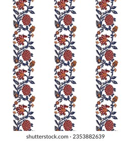 A vibrant striped pattern border with floral and foliage motifs