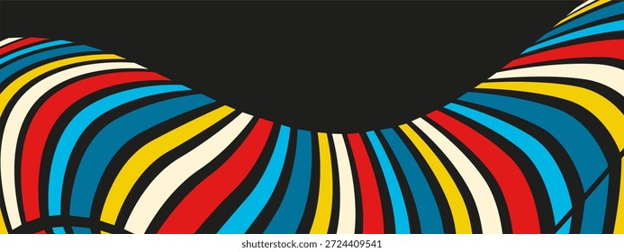 Vibrant striped pattern with red, blue, yellow, and white stripes on a black background, perfect for designs and creative projects.