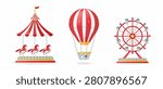 Vibrant stripped circus amusement  icon set isolated on white background.Carnival or festival amusement: carousel, ferris wheel, hot air balloon. Decorative element for web. Vector illustration. 