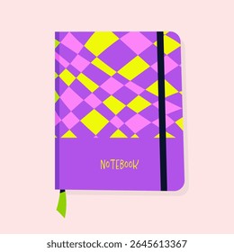 Vibrant student notebook with pink, purple, and yellow pattern. Features elastic strap and ribbon bookmark. Perfect for school, note-taking, or planner concepts