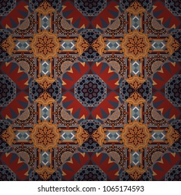 Vibrant style pattern. Geometric repeating wallpaper. Mandalas on the background. Vector abstract holographic seamless pattern in orange, red and gray colors.