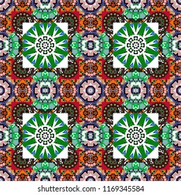 Vibrant style pattern. Geometric repeating wallpaper. Vector abstract holographic seamless pattern in green, black and white colors. Mandalas on the background.
