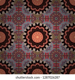 Vibrant style pattern. Geometric repeating wallpaper. Mandalas on the background. Vector abstract holographic seamless pattern in red, black and beige colors.
