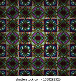 Vibrant style pattern. Geometric repeating wallpaper. Vector abstract holographic seamless pattern in green, brown and blue colors. Mandalas on the background.