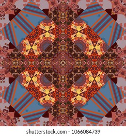 Vibrant style pattern. Mandalas on the background. Vector abstract holographic seamless pattern in red, gray and brown colors. Geometric repeating wallpaper.