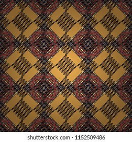Vibrant style pattern. Mandalas on the background. Geometric repeating wallpaper. Raster abstract holographic seamless pattern in orange, yellow and brown colors.