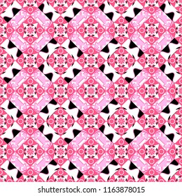 Vibrant style pattern. Mandalas on the background. Geometric repeating wallpaper. Vector abstract holographic seamless pattern in purple, pink and white colors.