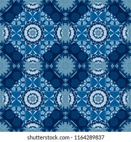 Vibrant style pattern. Mandalas on the background. Geometric repeating wallpaper. Vector abstract holographic seamless pattern in black and blue colors.