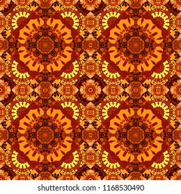 Vibrant style pattern. Mandalas on the background. Geometric repeating wallpaper. Vector abstract holographic seamless pattern in red, brown and orange colors.