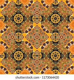 Vibrant style pattern. Mandalas on the background. Geometric repeating wallpaper. Vector abstract holographic seamless pattern in brown, yellow and green colors.