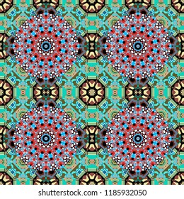 Vibrant style pattern. Mandalas on the background. Vector abstract holographic seamless pattern in gray, brown and blue colors. Geometric repeating wallpaper.