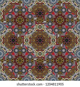 Vibrant style pattern. Mandalas on the background. Vector abstract holographic seamless pattern in brown, gray and red colors. Geometric repeating wallpaper.