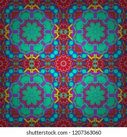 Vibrant style pattern. Mandalas on the background. Geometric repeating wallpaper. Vector abstract holographic seamless pattern in green, red and violet colors.