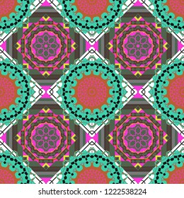 Vibrant style pattern. Mandalas on the background. Geometric repeating wallpaper. Vector abstract holographic seamless pattern in blue, green and brown colors.