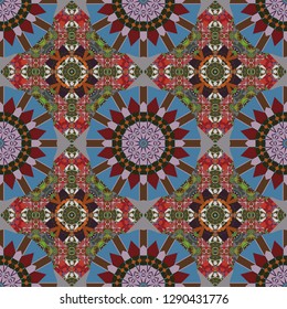 Vibrant style pattern. Mandalas on the background. Vector abstract holographic seamless pattern in gray, blue and brown colors. Geometric repeating wallpaper.