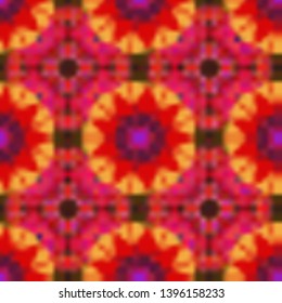 Vibrant style pattern. Mandalas on the background. Geometric repeating wallpaper. Vector abstract holographic seamless pattern in red, orange and pink colors.