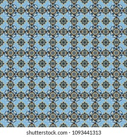 Vibrant style pattern. Vector abstract holographic seamless pattern in black, blue and beige colors. Mandalas on the background. Geometric repeating wallpaper.