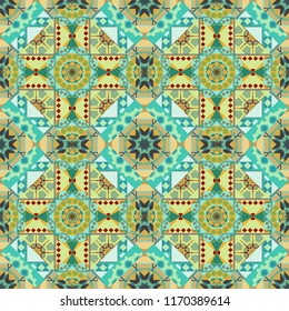 Vibrant style pattern. Vector abstract holographic seamless pattern in yellow, green and blue colors. Mandalas on the background. Geometric repeating wallpaper.