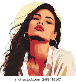 A vibrant and stylish digital illustration of a confident woman with long, dark hair, wearing hoop earrings and a white shirt.