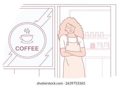 A vibrant and stylish illustration of a barista in a coffee shop, welcoming all customers with a warm smile