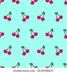 Vibrant and stylish seamless pattern featuring red cherries with green leaves on a light blue backdrop.