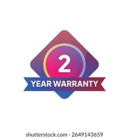 A vibrant, stylized "2 Year Warranty" badge features a gradient diamond shape with a central pink circle, bold white number "2," and a blue ribbon.