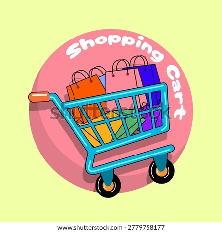A vibrant, stylized 2D illustration of a blue shopping trolley overflowing with colorful gift bags, set against a playful pink circular backdrop. Perfect for modern retail and e-commerce themes. Shopping Cart Day, June 4th