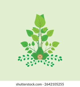 A vibrant stylized botanical digital art featuring a central flower with various green leaves and subtle berry accents, arranged symmetrically on a light green background,