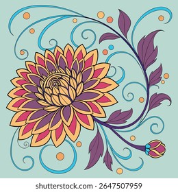 Vibrant stylized dahlia flower vector with intricate petals, elegant purple leaves, and swirling blue accents on a soft background. Perfect for decorative design.