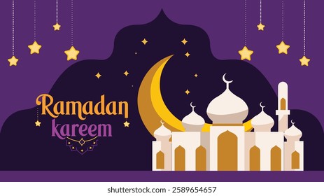 A vibrant and stylized graphic design featuring a mosque, a crescent moon, and stars, set against a dark purple background.