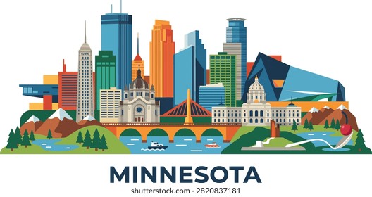 A vibrant and stylized graphic illustration showcasing the Minneapolis skyline with prominent skyscrapers and architectural landmarks set against a clean white background with the state name printed below.
