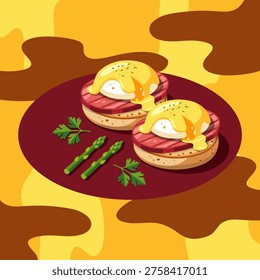 A vibrant stylized hand drawn illustration of classic Eggs Benedict with Canadian bacon, poached egg, Hollandaise sauce and asparagus. National Eggs Benedict Day, April 16th.