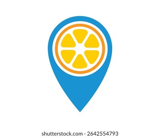 A vibrant, stylized illustration depicting a location pin containing an orange fruit slice. Perfect for representing food delivery, local farmers markets, and healthy food options.