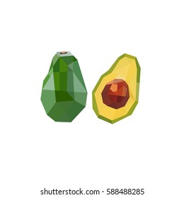 A vibrant stylized illustration depicting a whole avocado and a sliced one showcasing its seed within a modern geometric polygonal aesthetic.