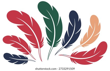 A vibrant, stylized illustration featuring a collection of colorful feathers arranged together.