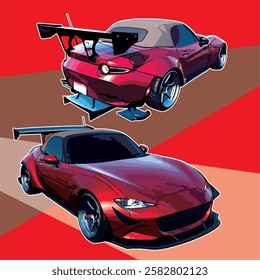 A vibrant, stylized illustration of a heavily modified red drift car vector. The car features an aggressive widebody kit, a large wing, and aerodynamic enhancements like splitters. 