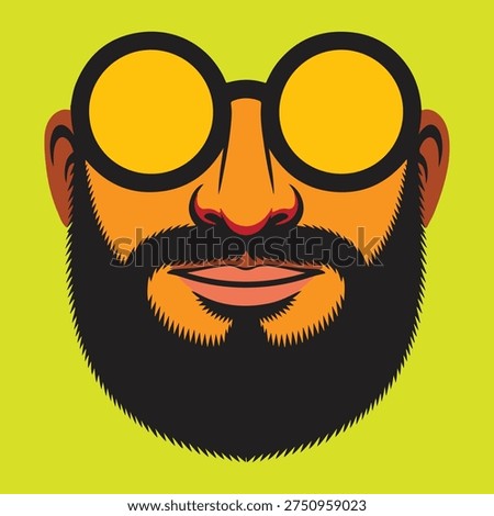 A vibrant, stylized illustration of a man's face, featuring a prominent beard and distinctive round, yellow-tinted glasses, set against a bright green background