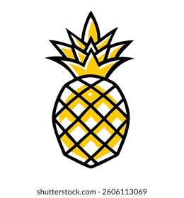 A vibrant and stylized illustration of a pineapple. The pineapple features a distinctive diamond pattern on its body, outlined in bold black lines. The crown is a bright yellow with hints of green.