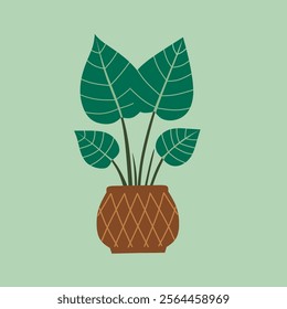 A vibrant, stylized illustration of a potted plant with large, lush leaves in a simple, modern design