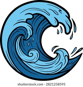 A vibrant stylized illustration of a powerful blue ocean wave cresting and breaking perfect for designs about nature and the sea