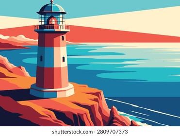 A vibrant, stylized illustration of a red and white striped lighthouse standing atop a rugged cliff overlooking a blue ocean with a dramatic sky.