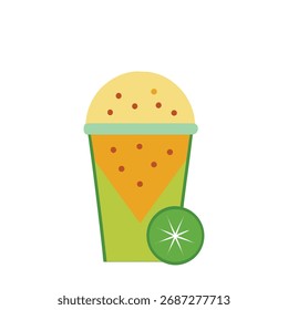 Una ilustración vibrante y estilizada de una refrescante bebida granizada naranja y amarilla con una guarnición de rodajas de kiwi.