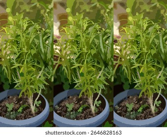 A vibrant and stylized illustration of a rosemary plant in a grey pot, featuring fresh green leaves with subtle yellow highlights. The background is composed of soft, blurred green foliage, creating