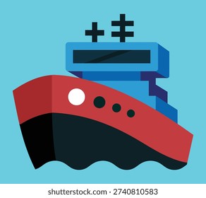 A vibrant, stylized illustration of a ship with a red hull and blue superstructure, sailing on a light blue background, featuring simple geometric shapes.