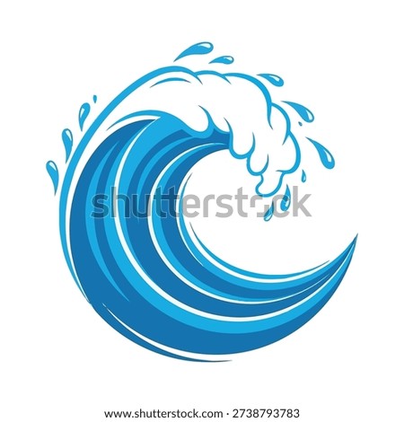 A vibrant, stylized illustration of a single blue ocean wave, showcasing its dynamic movement and watery texture.
