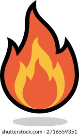 Una ilustración vibrante y estilizada de una sola llama con un contorno negro y una sombra sutil, con cálidos colores naranja y amarillo. Este gráfico representa el calor, la energía y la pasión en un diseño simple e icónico.
