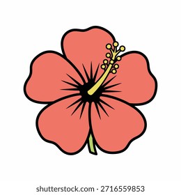 A vibrant, stylized illustration of a single red hibiscus flower with a black outline and a yellow stamen, set against a clean white background.