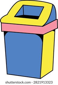 A vibrant, stylized illustration of a trash can featuring a blue container, a yellow top, and a pink band, designed in a simple cartoon aesthetic.