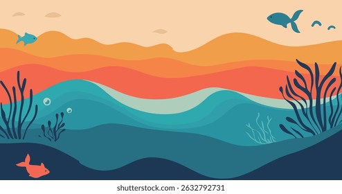 A vibrant, stylized illustration of an underwater scene featuring colorful fish, seaweed, and layered ocean depths.
