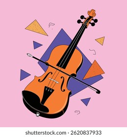 A vibrant, stylized illustration of a violin with a bow, set against a pink background with purple and yellow geometric shapes.
